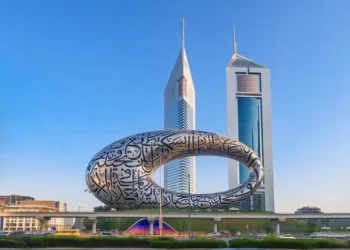 Modern Abu Dhabi skyline at dusk, representing the UAE's status as a stable global economic hub and critical node in international trade