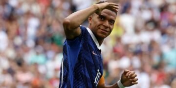 The French captain strikes twice in a ten-goal bronze final defeat to eclipse Lionel Messi’s all-time tournament scoring record ahead of New York showpiece.
