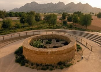 An ancient Bronze Age tomb structure at Mleiha National Park in Sharjah, set against a desert backdrop and rocky mountains.