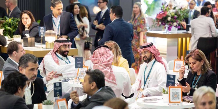 The exterior of Dubai World Trade Centre during a major international trade exhibition.
