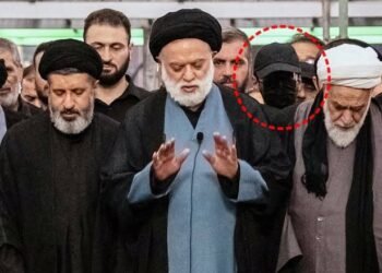 Labeled Iranian officials and mourners at the state funeral ceremonies of Ayatollah Ali Khamenei in Mashhad