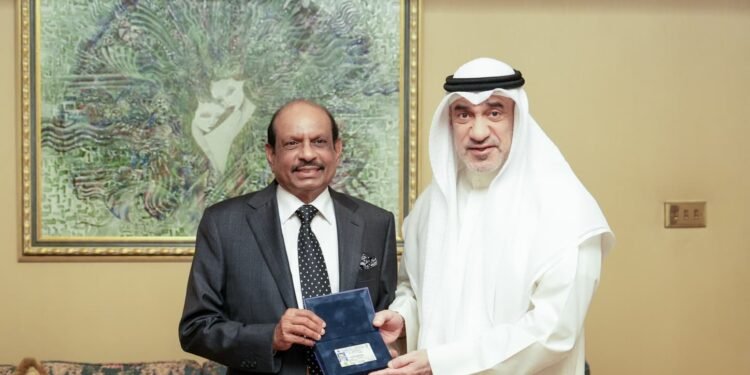 LuLu Group Chairman M.A. Yusuff Ali receiving Kuwait's first Golden Residency visa from First Deputy Prime Minister Sheikh Fahad Yousef Saud Al-Sabah at Bayan Palace.