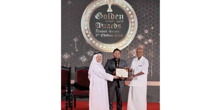 Mithun G. Panikkasery receiving the Golden Achievement Award 2026 at Hyatt Regency Thiruvananthapuram.