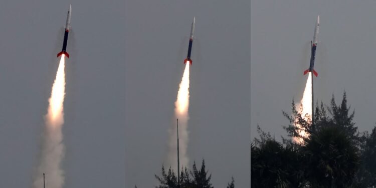 The Vikram-S rocket developed by Skyroot Aerospace lifting off from the Satish Dhawan Space Centre launchpad in Sriharikota.