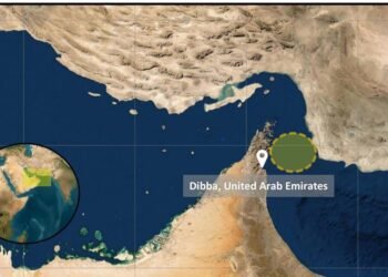 A commercial cargo vessel navigating international waters near the Gulf of Oman
