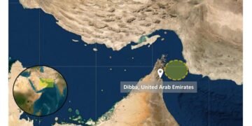 A commercial cargo vessel navigating international waters near the Gulf of Oman