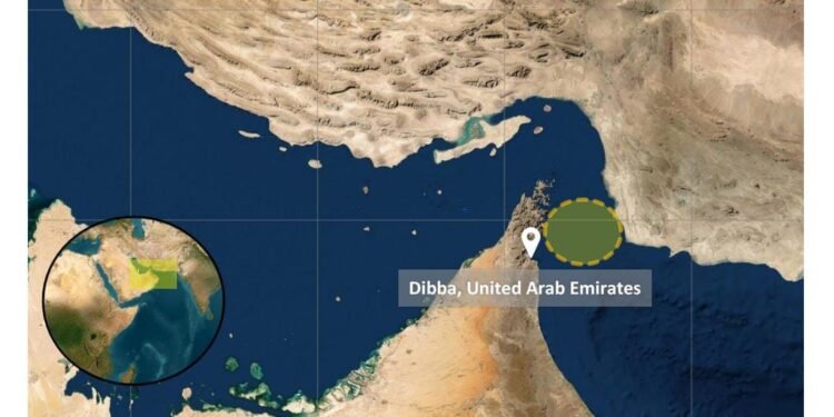 A commercial cargo vessel navigating international waters near the Gulf of Oman