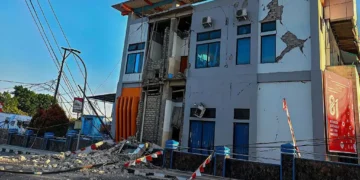 Damaged building structure in Indonesia following a major earthquake