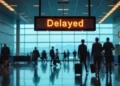 Departure board showing delayed and cancelled flights at a Gulf airport terminal