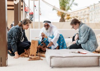 Traditional Emirati performers and artisans showcasing crafts at Manezhnaya Square in Moscow