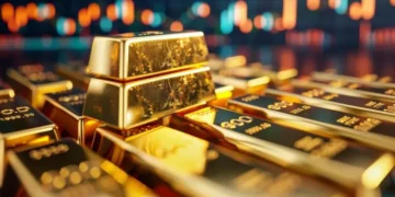 Gold bars and jewelry display board showing updated retail prices in a Dubai gold shop.