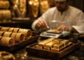 Gold bars and jewelry displayed in a retail store showcase in Dubai, UAE