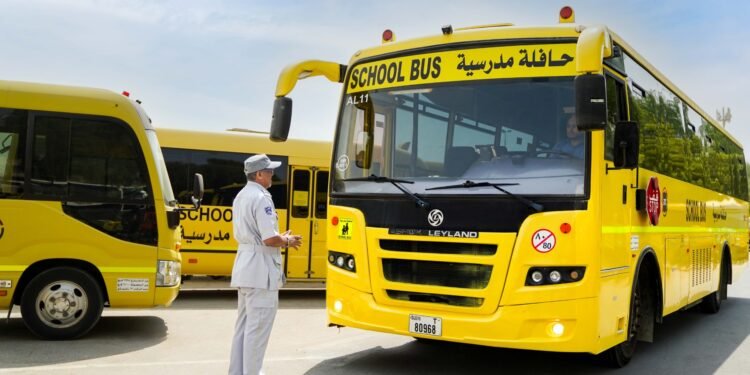 Dubai RTA school bus undergoing safety inspection ahead of the new academic year.