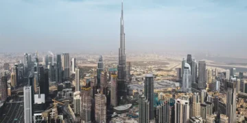 Sky view of residential buildings and skyline in Dubai, UAE