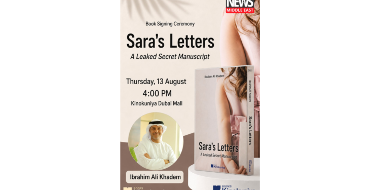 Author Ibrahim Ali Khadem during a book signing event for Sara's Letters at Kinokuniya Dubai Mall