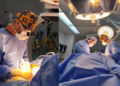 Spine surgeon evaluating 3D-printed custom surgical guide for scoliosis correction procedure in Dubai hospital