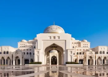 Exterior view of the ornate Qasr Al Watan presidential palace in Abu Dhabi, UAE.