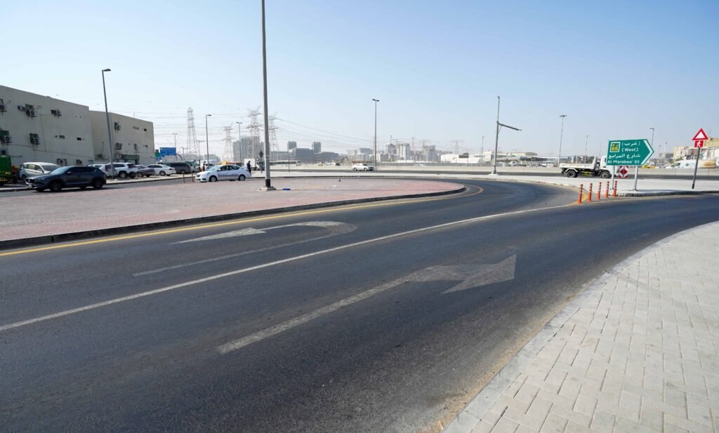 Expanded Al Marabea Street corridor in Dubai featuring newly constructed traffic lanes and street lighting.