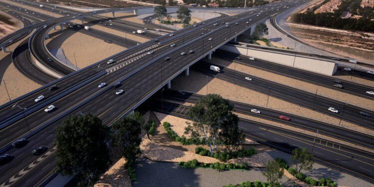 Aerial view of the newly opened four-lane RTA bridge at Al Qudra Road intersection in Dubai.