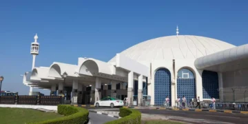 Exterior view of Sharjah International Airport passenger terminal in the United Arab Emirates