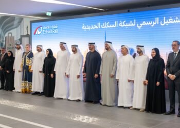 UAE President Sheikh Mohamed rides Etihad Rail from Abu Dhabi to inaugurate the Dubai Station. Passenger services between Abu Dhabi, Dubai, and Fujairah begin Sept 30 with tickets from AED 39.