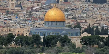 The golden Dome of the Rock and Al-Aqsa Mosque compound on the Temple Mount in the Old City of Jerusalem.