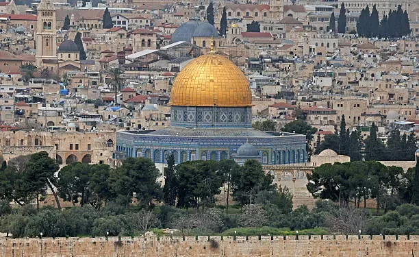 The golden Dome of the Rock and Al-Aqsa Mosque compound on the Temple Mount in the Old City of Jerusalem.