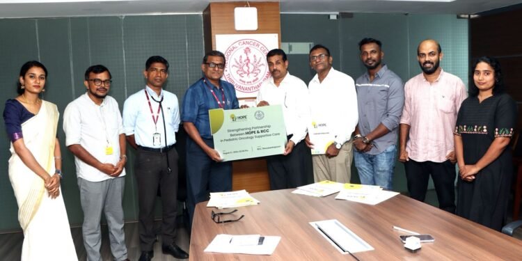RCC Director Dr. Rajaneesh Kumar and Hope Foundation Chairman K.K. Harris signing the pediatric oncology MoU in Thiruvananthapuram