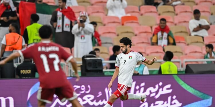 UAE and Qatar players in action during their 27th Arabian Gulf Cup Group B fixture at King Abdullah Sports City in Jeddah
