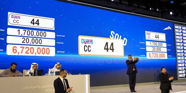 Dubai's RTA collected AED 65.721 million at its 121st open vehicle plate auction. Two-digit registration CC44 fetched AED 6.72 million at Al Habtoor City.